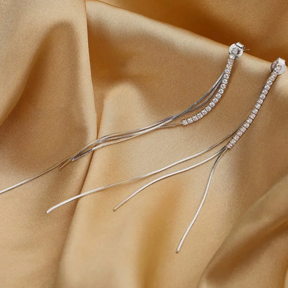 #NEW 925 Sterling Silver Diamond Chain Drop Earrings - Picture 3 of 8